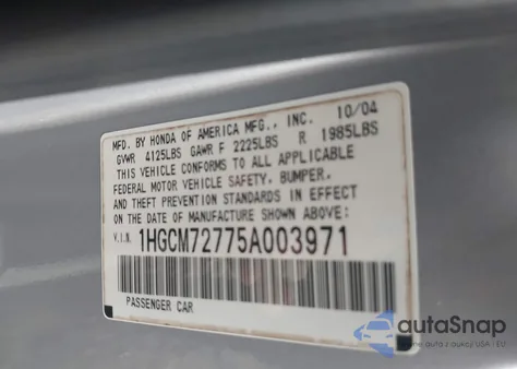 2005 Honda Accord 2.4 Ex from USA, damaged, VIN 1HGCM72775A003971